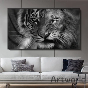Плакат со львом и тигром, черно-белые настенные рисунки животных, картина на холсте, плакаты со львами и принты для домашнего декора гостиной.