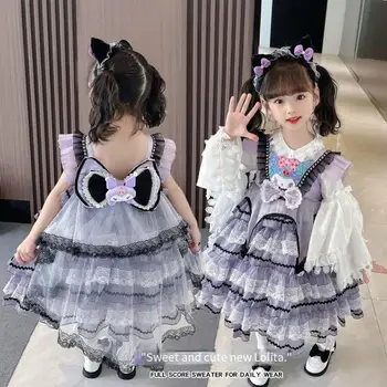 Платье в стиле Лолиты для девочек Kawaii Sanrio Kuromi, Милое девчачье кружевное платье принцессы, плиссированное платье с героями мультфильмов, осенне-зимняя детская одежда
