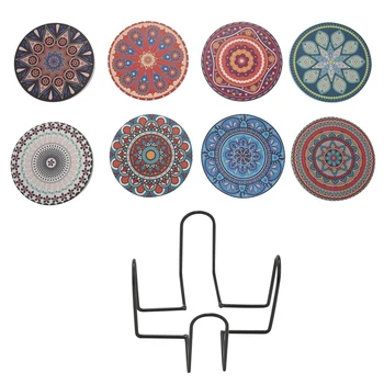 Подставки для напитков, Набор из 8 впитывающих каменных подставок для деревянного стола, Керамические подставки Mandala с пробковым основанием