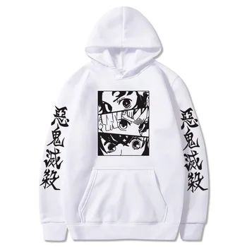 Толстовка Аниме Demon Slayer Tanjiro Graphics Весна Осень Черная толстовка Harajuku Пуловеры Топы с карманом