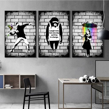 Уличное граффити Бэнкси, картина на холсте, Смех обезьяны, Зонтик, девушка-бабочка, художественный плакат, абстрактная фигурная фреска, украшение комнаты