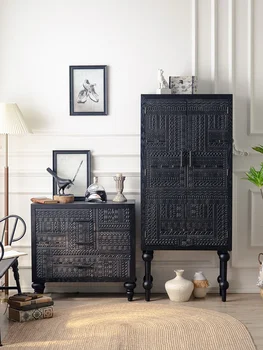 Французский ретро-шкаф-ведро, облицовка стены гостиной черным рельефным тотемным декором в стиле столовой, шкаф для крыльца из массива дерева