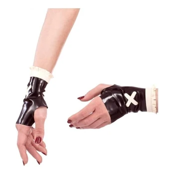 Черно-белые Сексуальные короткие латексные перчатки с рюшами и бантиками, Резиновые варежки, мини-рукавицы ST-0133