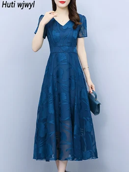 Шифоновое платье Миди с цветочным рисунком, коротким рукавом и V-образным вырезом, 2023 Летнее Корейское Винтажное роскошное платье, Женское Элегантное облегающее вечернее платье Макси
